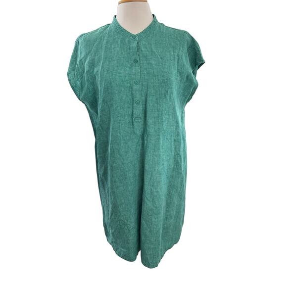 EILEEN FISHER Washed Organic Linen Delave Short Cap Sleeve Dress Teal Size Large - Picture 1 of 8